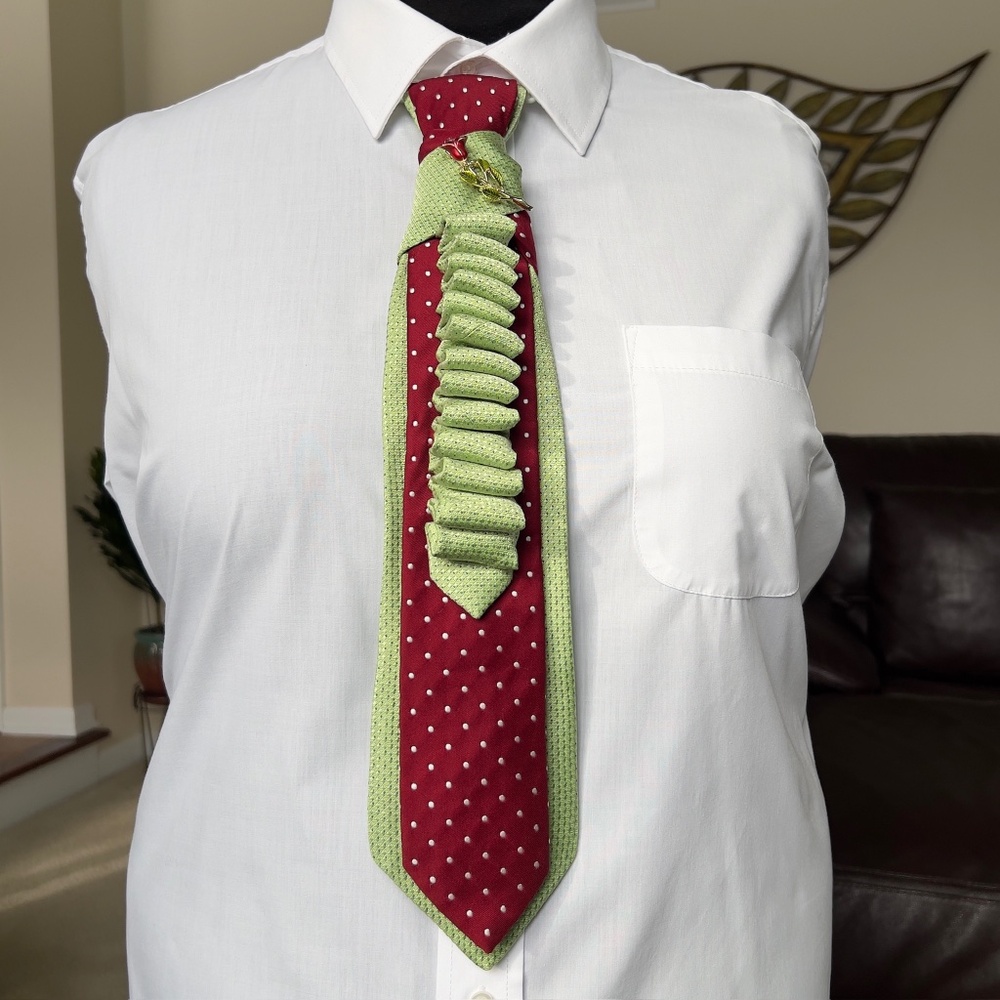 Upcycled Handmade Green and Red  Woman Silk Necktie, Gold Metal Rose Brooch